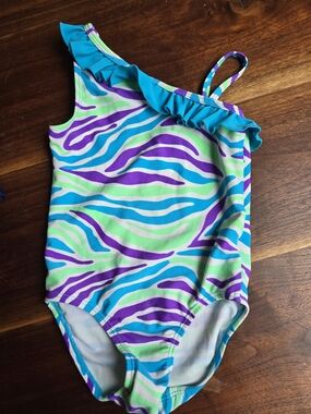 Place Girls One-Shoulder Ruffle Swimsuit in Aqua, Purple & Lime